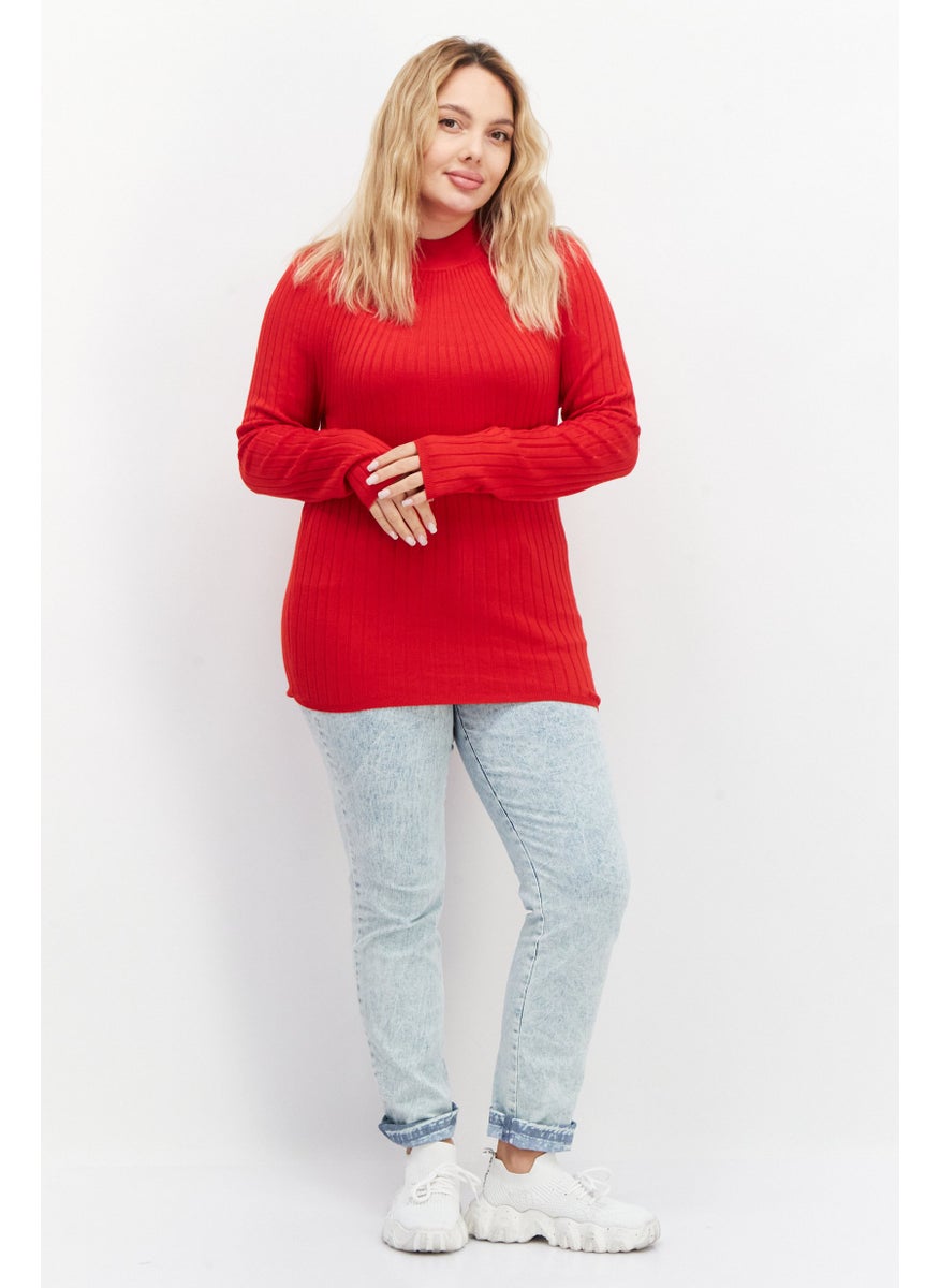 Zero - Women High Neck Long Sleeve Knitted Sweater, Red - Image 1