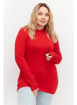 Zero Women High Neck Long Sleeve Knitted Sweater, Red  - Image 1