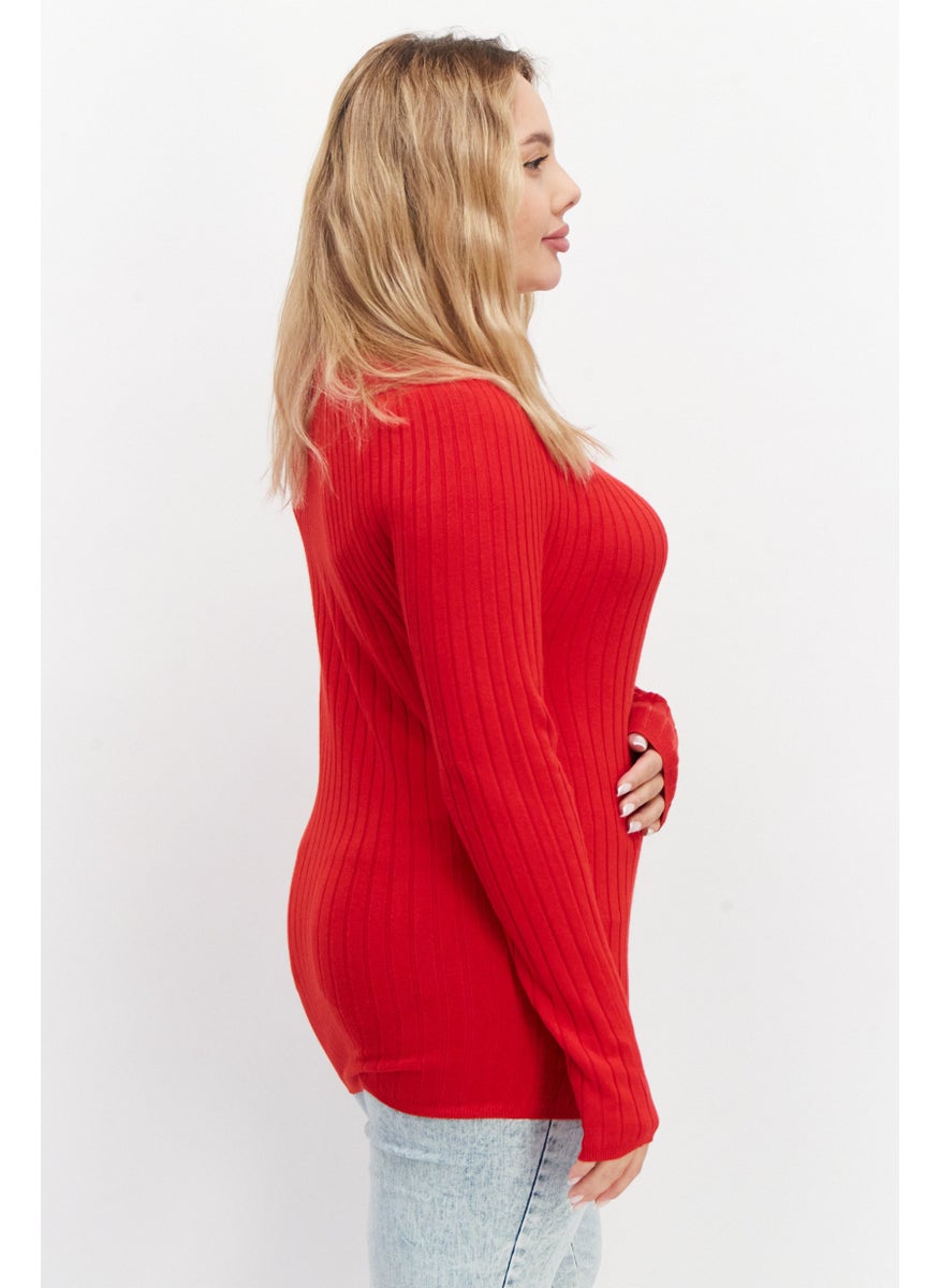 Zero - Women High Neck Long Sleeve Knitted Sweater, Red - Image 1