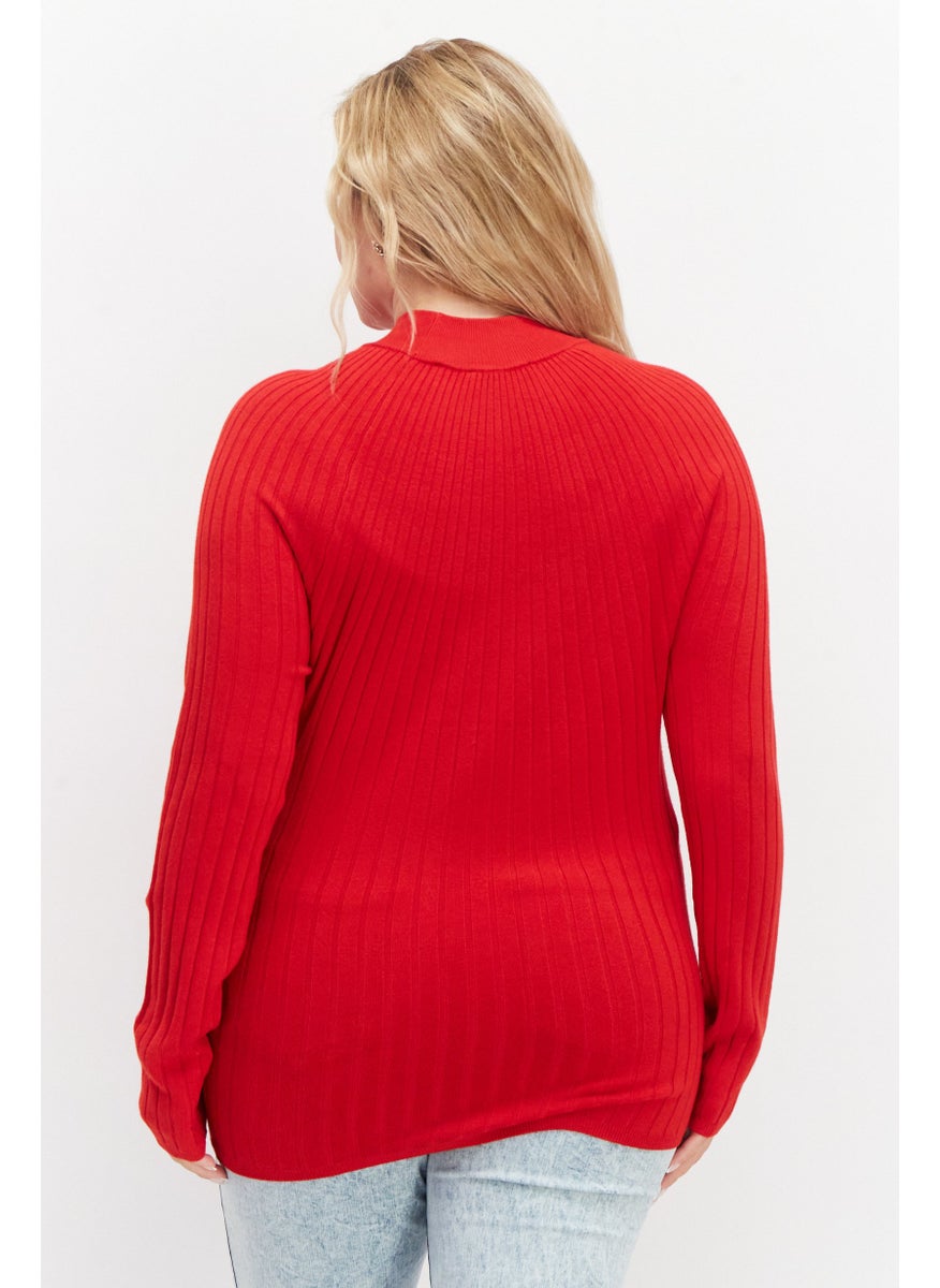 Zero - Women High Neck Long Sleeve Knitted Sweater, Red - Image 1