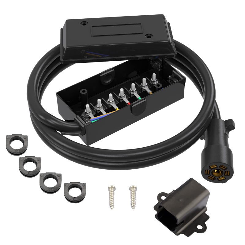 RVMATE 7 Way 8 Feet Trailer Cord Kit Include Plug Holder and Trailer Connector Cable Wiring Harness with Waterproof Junction Box