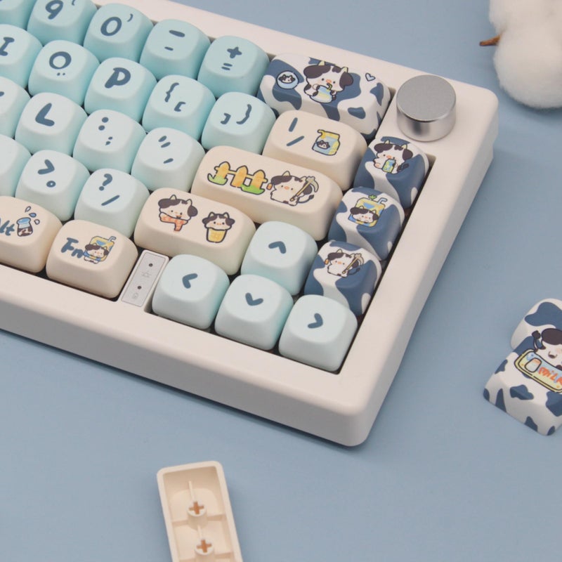 Cmokifuly MOA Profile Keycaps,Cute Cow Custom PBT Dye-sub Keycap 142 Keys for Mechanical Keyboard Full-Size Keycap Set (Blue Cow) - Image 4