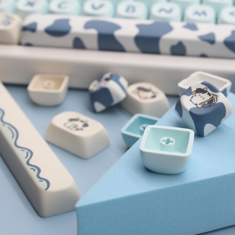 Cmokifuly MOA Profile Keycaps,Cute Cow Custom PBT Dye-sub Keycap 142 Keys for Mechanical Keyboard Full-Size Keycap Set (Blue Cow) - Image 2