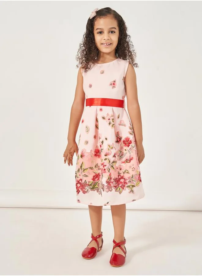 Styli Floral Jacquard Pleated Dress with Tie-Up Belt Detail