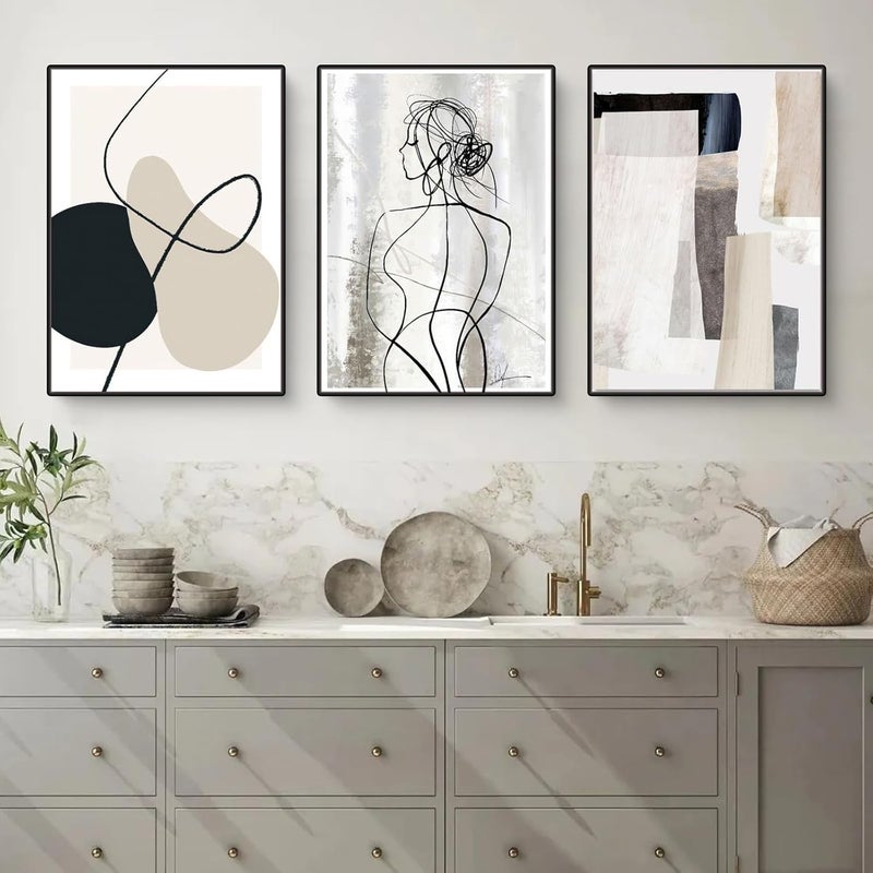 Herfair Living Room Pictures, Set of 3, Abstract Line Geometry Wall Pictures, Posters, Bedroom Simplicity, Art Poster, Canvas Pictures, Without Frame (50 x 70 cm) - Image 1