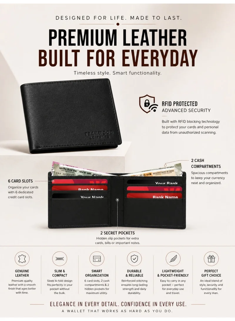 TEAKWOOD Teakwood Genuine Leather Bi-Fold Wallet for Men | Black Slim RFID Protected Wallet | 6 Card Slots, 2 Cash Compartments | Lightweight Durable Design | Premium Pocket Wallet for Daily Use & Travel