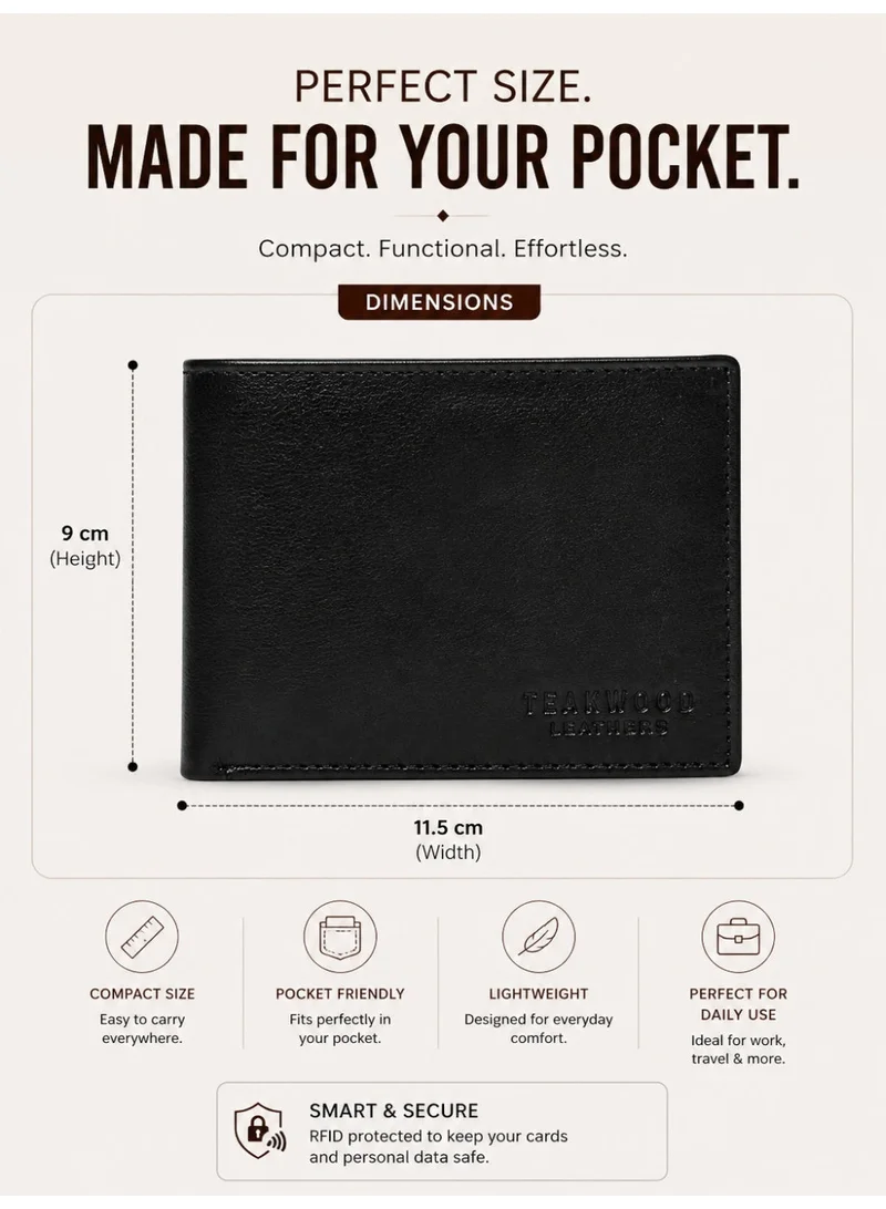 Teakwood black Teakwood Genuine Leather Bi-Fold Wallet for Men | Black Slim RFID Protected Wallet | 6 Card Slots, 2 Cash Compartments | Lightweight Durable Design | Premium Pocket Wallet for Daily Use & Travel for Men | Best Price UAE
