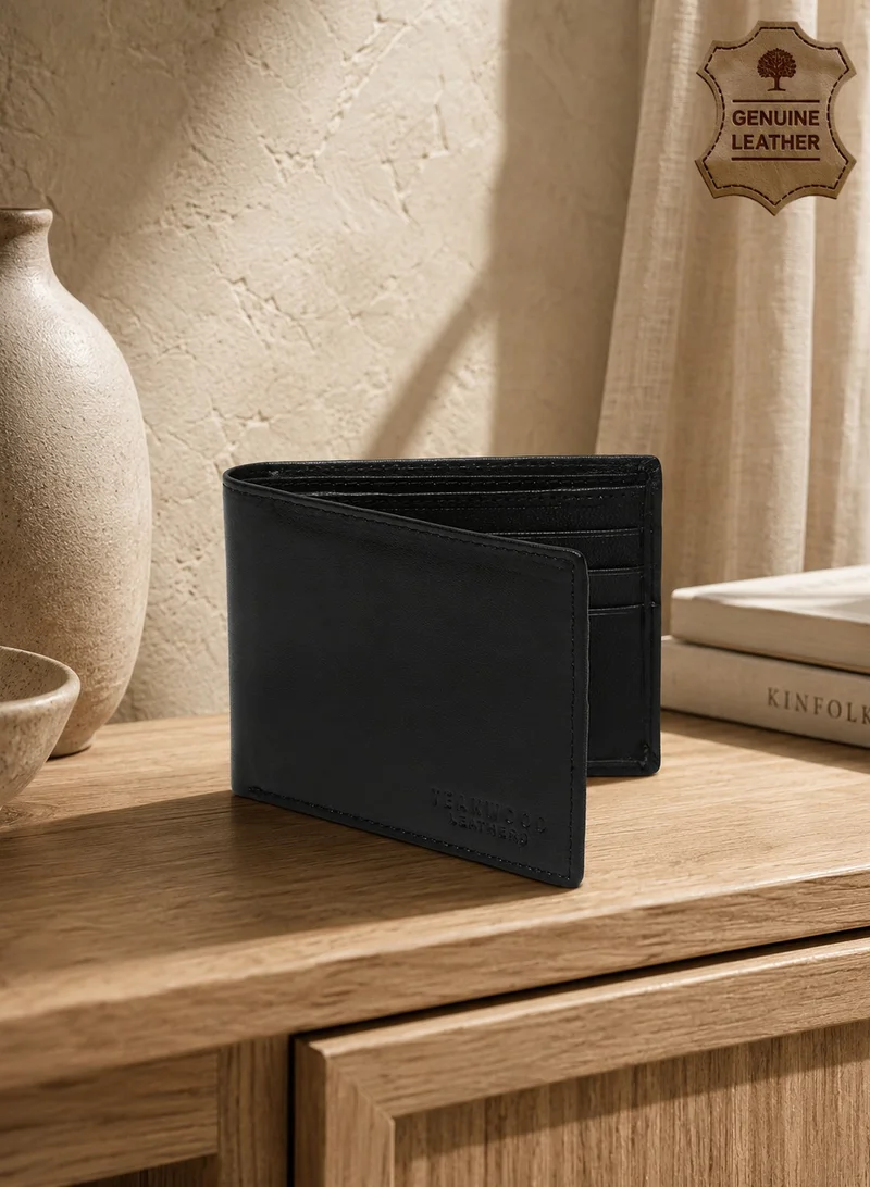 TEAKWOOD Teakwood Genuine Leather Bi-Fold Wallet for Men | Black Slim RFID Protected Wallet | 6 Card Slots, 2 Cash Compartments | Lightweight Durable Design | Premium Pocket Wallet for Daily Use & Travel