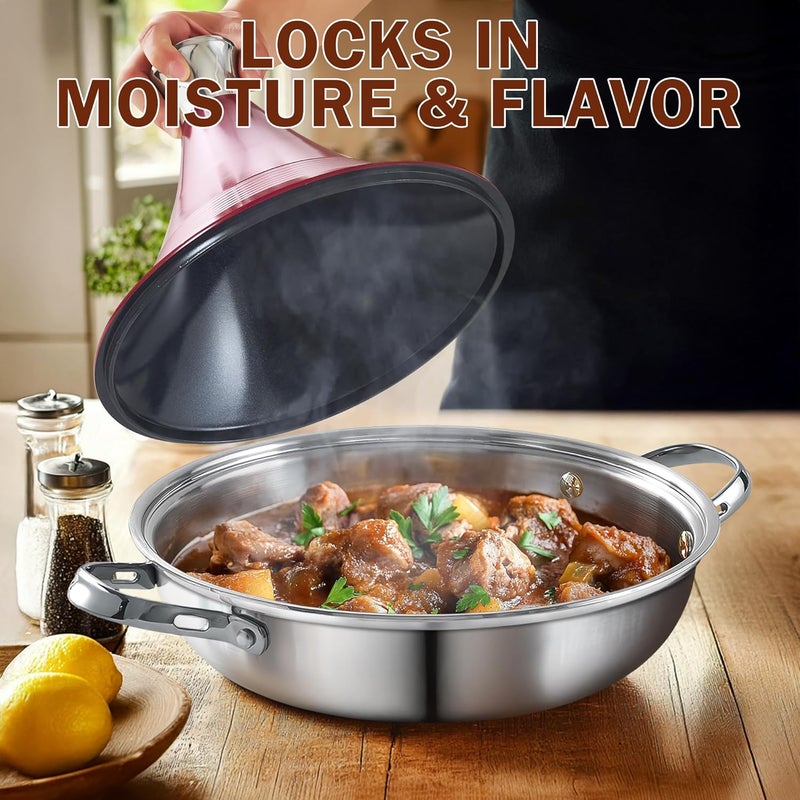 DM Tagine Pot, 11 Inch 3.6 Quart Moroccan Clay Tagine Pot Alternative, Multi-Ply Clad Stainless Steel, Traditional Cooking Pot with Die-Cast Aluminum Red Conical Lid and Stainless Steel Knob - Image 4