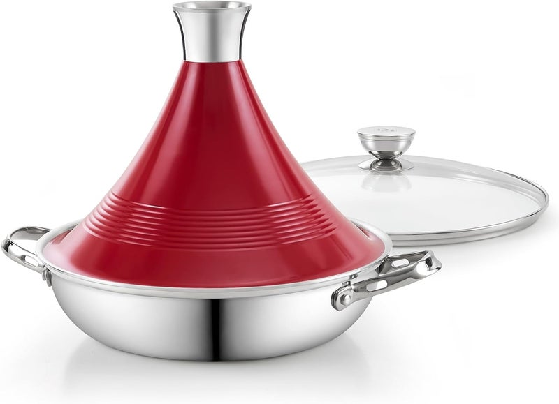 DM Tagine Pot, 11 Inch 3.6 Quart Moroccan Clay Tagine Pot Alternative, Multi-Ply Clad Stainless Steel, Traditional Cooking Pot with Die-Cast Aluminum Red Conical Lid and Stainless Steel Knob - Image 1