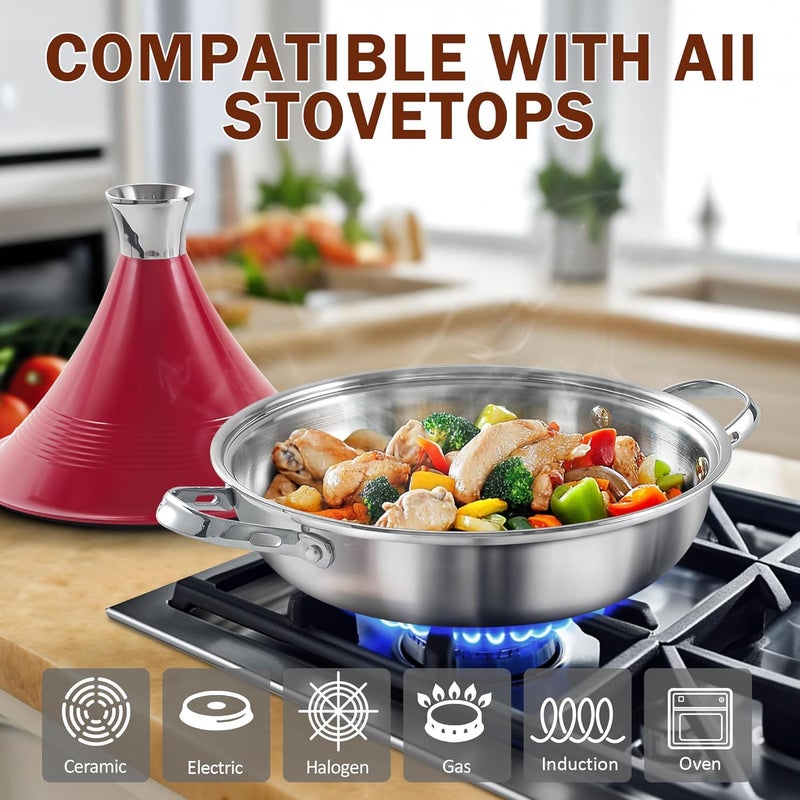 DM Tagine Pot, 11 Inch 3.6 Quart Moroccan Clay Tagine Pot Alternative, Multi-Ply Clad Stainless Steel, Traditional Cooking Pot with Die-Cast Aluminum Red Conical Lid and Stainless Steel Knob - Image 3