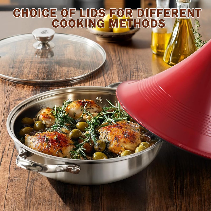 DM Tagine Pot, 11 Inch 3.6 Quart Moroccan Clay Tagine Pot Alternative, Multi-Ply Clad Stainless Steel, Traditional Cooking Pot with Die-Cast Aluminum Red Conical Lid and Stainless Steel Knob - Image 5