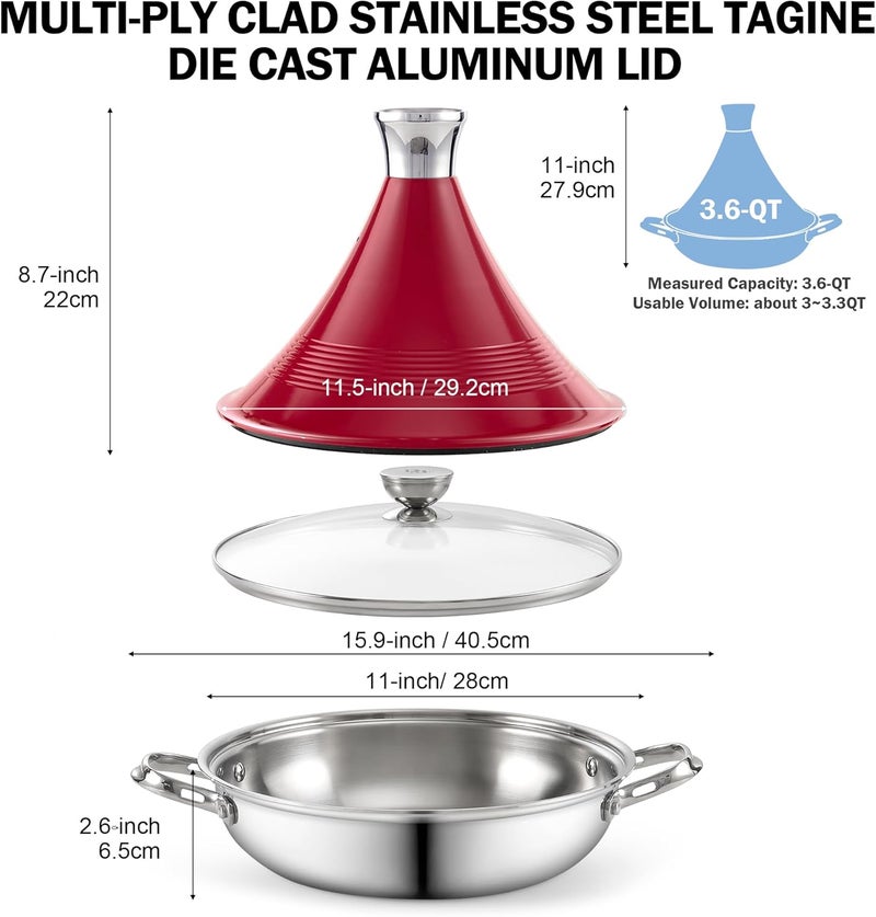 DM Tagine Pot, 11 Inch 3.6 Quart Moroccan Clay Tagine Pot Alternative, Multi-Ply Clad Stainless Steel, Traditional Cooking Pot with Die-Cast Aluminum Red Conical Lid and Stainless Steel Knob - Image 2