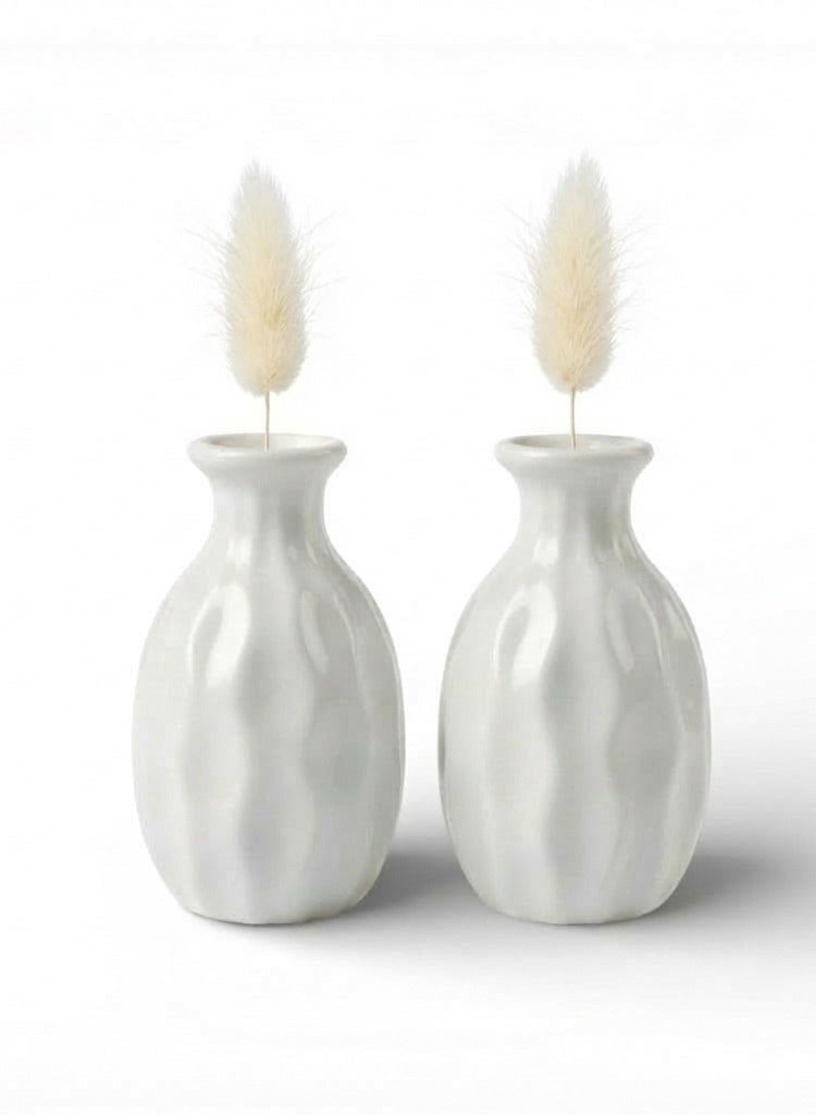 دائرة خضراء طقم مزهريات سيراميك صغيرة 8 سم (قطعتان) - مزهريات برعم لامعة بنمط متموج لتزيين الطاولة والرفوف والحمام وغرفة النوم - Image 1