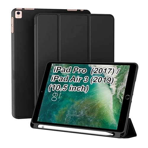 CEDO Smart Case for iPad Pro 10.5 (1st Gen)/Air 3 (3rd Gen) (10.5 in) Tri-Fold Flip Folio Cover | Pencil Holder | Auto Wake-Up/Sleep Mode | Multi View Angles Stand TPU Backcover (Black) - Image 1