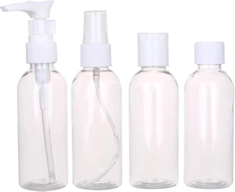 Clear Plastic Empty Bottle Travel Size Set - 4 Piece- Travel Size Bottle Kit Reusable BPA-Free Refillable Leak-Proof Dispensers Sprayers Lotion Shampoo Soap Liquids Makeup Skincare Toiletries - Image 1