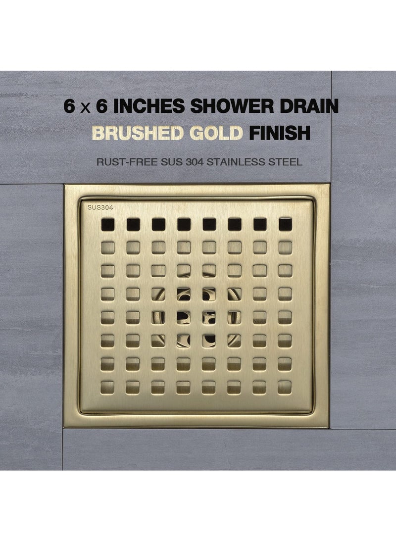 د drain تصريف أرضية مربع حجم 6 بوصة مع قاعدة، من الفولاذ المقاوم للصدأ SUS 304 مناسب للأغذية، مصفاة صرف بمهايئ قابل للتعديل مع شبك قابل للإزالة، نحاس ذهبي مصقول - Image 2