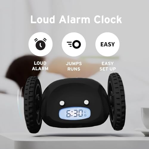 CLOCKY Alarm Clock on Wheels Loud Rolling Alarm Clock for Heavy Sleepers Runaway Clock that Jumps Runs to Wake You Up Funny Unique Gift for Adults Teens Kids Bedrooms Black Wheels - Image 3