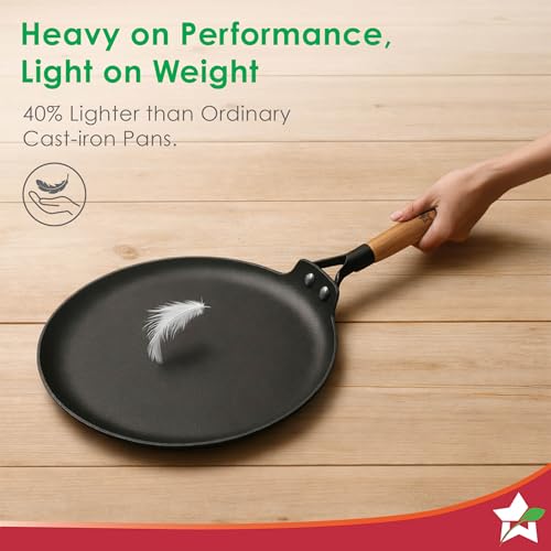 Wonderchef Pre-Seasoned Ferro Light 28cm Dosa Tawa | 4MM | Acacia Wooden Handles | Gravity Moulding Technology | No Chemical Coating |10 Year Warranty - Image 4