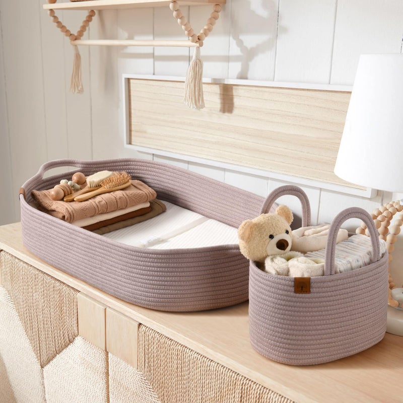 JJOO Baby Changing Basket Includes Diaper Caddy - Soft & Waterproof Dual-Cover, Portable, Changing Pad for Dresser & Changing Table, Gift for Baby Shower, Organic Cotton Rope - Image 2