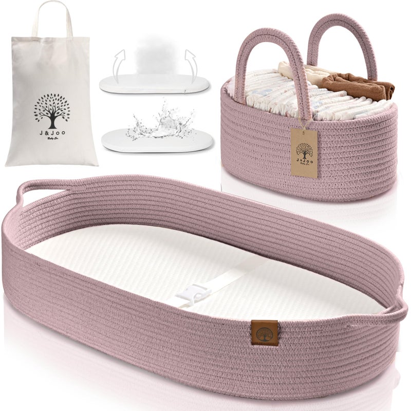 JJOO Baby Changing Basket Includes Diaper Caddy - Soft & Waterproof Dual-Cover, Portable, Changing Pad for Dresser & Changing Table, Gift for Baby Shower, Organic Cotton Rope - Image 1