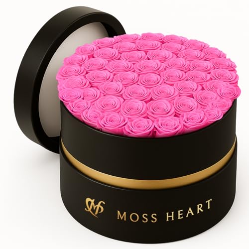 Moss Heart 50 Petite Preserved Roses, Designer Round Box, Real Forever Roses Last 1+ Year, Premium Gift for Women, Wife, Girlfriend, Mother’s Day, Birthday, Anniversary, Valentine’s Day - Image 1