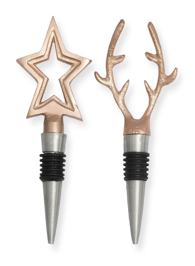 فولكالتشر طقم سدادات نبيذ فولكالتشر لعيد الميلاد (قطعتان) | سدادات زجاجات الشمبانيا | إكسسوارات نبيذ للعشاق | هدايا وزينة عيد الميلاد | تصميم غزال ذهبي وردي - Image 1