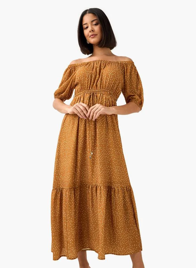 Splash FAV Polka Dot Print Off Shoulder Women Dress with Tie-Ups