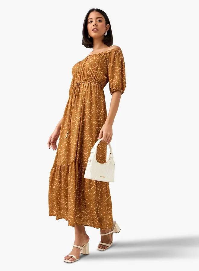 Splash FAV Polka Dot Print Off Shoulder Women Dress with Tie-Ups