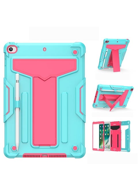 Case Cover For iPad 10.2 / iPad Pro 10.5 T-shaped Bracket Contrast Color Shockproof PC + Silicone Flat Protective Case Mint Green+Rose Red