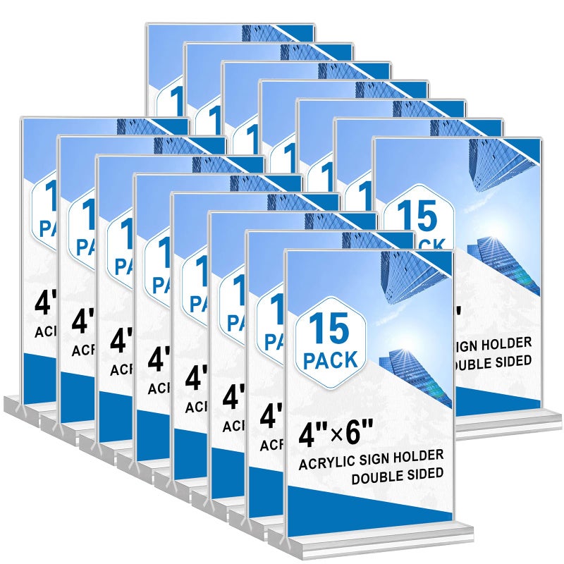 HRSDEIE Acrylic Sign Holder 4x6, 15 Pack Clear Double Sided Menu Vertical Display Stand, Desktop Paper Holder Suitable for Restaurants, Office, Store, Show Fair - Image 1