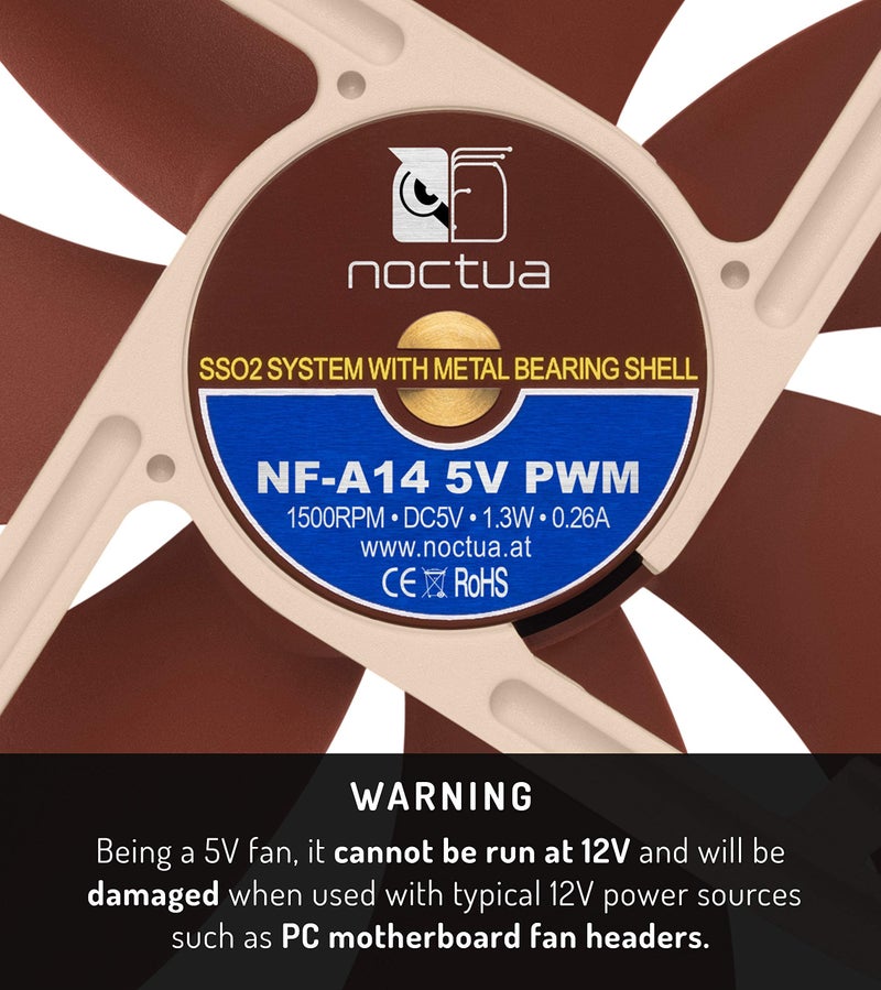 NOCTUA مروحة نوكتوا NF-A14 5V PWM، مروحة هادئة متميزة مع كابل محول طاقة USB، 4 دبابيس، إصدار 5V (140 مم، بني) - Image 3
