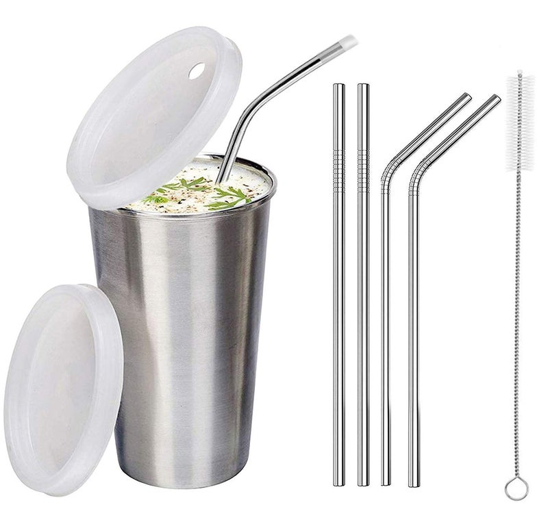 NOBILEA Stainless Steel GlassTumbler with BPA Free Lid Steel Straw with Cleaning Brush Food Grade Cap for Straw and Extra Storage Lid 100 Leak Proof 370 ml Silver - Image 1