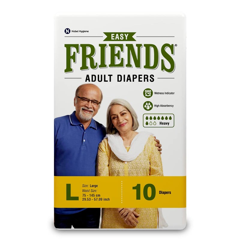 Friends حفاضات للكبار سهلة بأسلوب الشريط | 10 قطع (كبير) | محيط 32.68-59.84 بوصة؛ 83-152 سم مع قفل الروائح | للجنسين | مانعة للتسرب | مؤشر الرطوبة ونواة ماصة مضادة للبكتيريا - Image 1