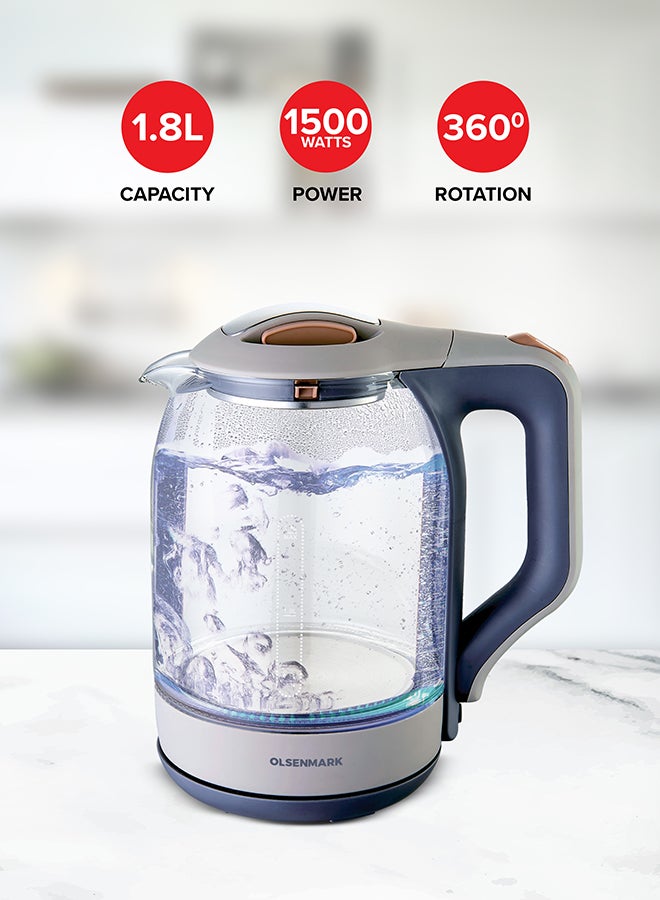 Olsenmark Electric Glass muti Kettle, 360 Degrees Rotation, Water Level Indicator and Automatic Cut-Off, Perfect for Boiling Water, Milk, Tea, 1.8 L 1500 W Omk2394 Brown/Grey/Clear - Image 2