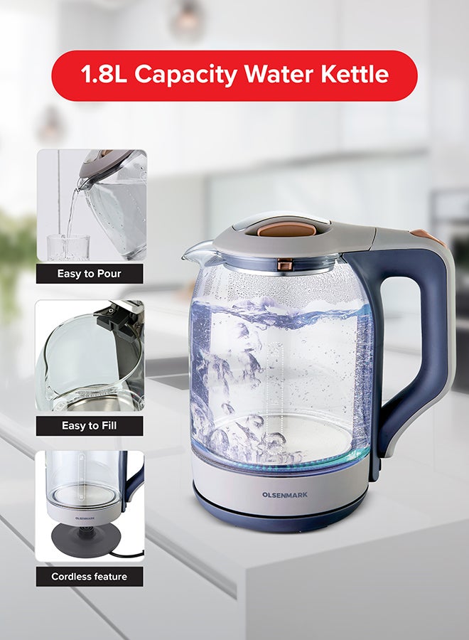 Olsenmark Electric Glass muti Kettle, 360 Degrees Rotation, Water Level Indicator and Automatic Cut-Off, Perfect for Boiling Water, Milk, Tea, 1.8 L 1500 W Omk2394 Brown/Grey/Clear - Image 4
