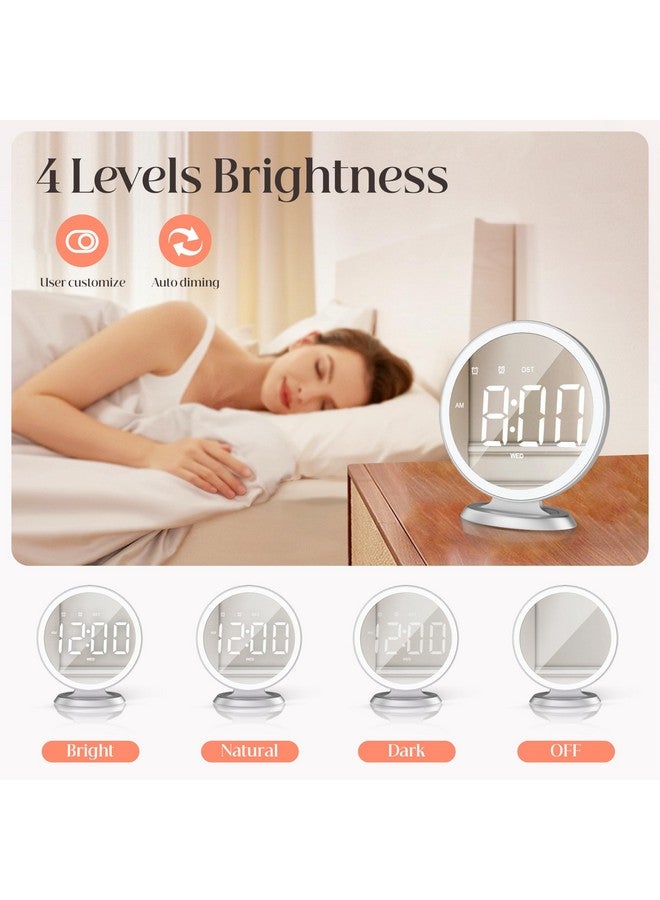 Jall Round Mirror Lighted Digital Alarm Clock, Mirror Surface For Makeup, Large Display, Easy Setting, Auto Dst, Auto Dimming, Usb Port, Modern Decor For Home, Bedroom, Office, Gift For Women, Girl, Silver - Image 3