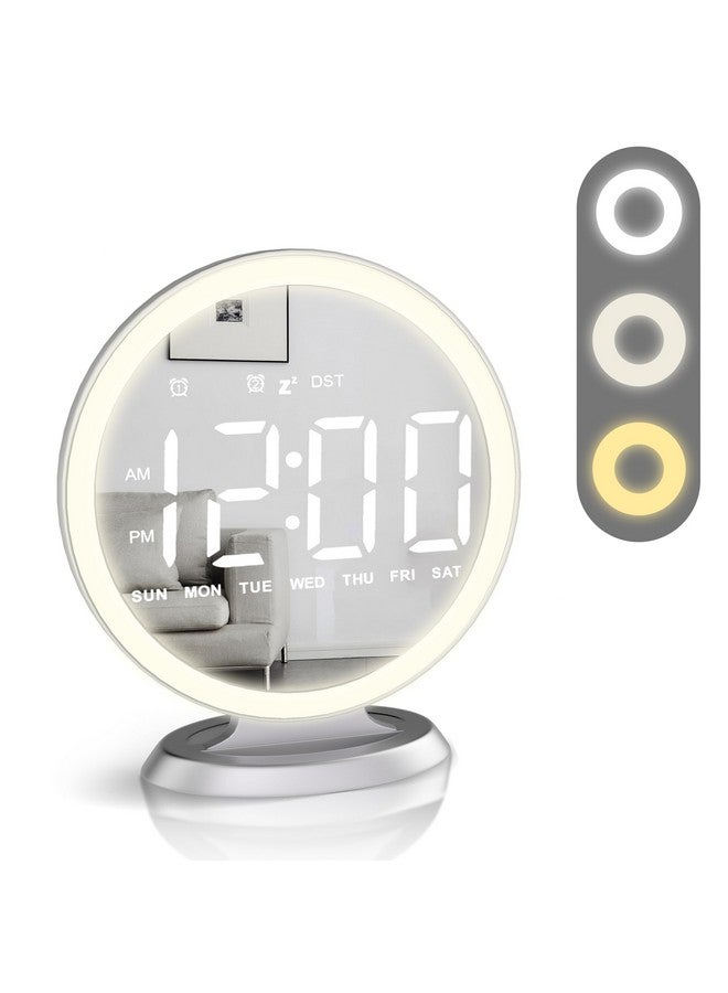 Jall Round Mirror Lighted Digital Alarm Clock, Mirror Surface For Makeup, Large Display, Easy Setting, Auto Dst, Auto Dimming, Usb Port, Modern Decor For Home, Bedroom, Office, Gift For Women, Girl, Silver - Image 1
