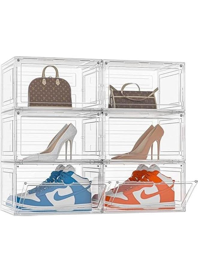 HOOKOR Shoe Storage Box,Height 18.6cm Clear Sneaker Containers Storage with Magnetic Side Door Fit Size 11-12, Plastic Stackable Shoe Organizer for Closet Entryway Dorm, 6 Pack, Clear  - Image 1