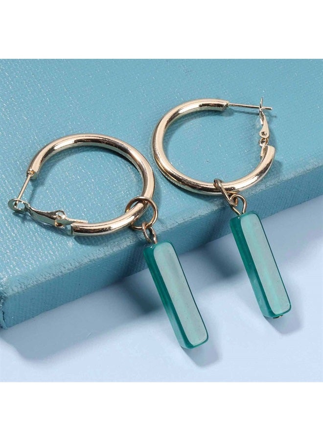 Yheakne Boho Rectangle Green Jade Earrings Green Marbled Earrings Gold Circle Leverback Dangle Earrings Vintage Circle Hoop Dangle Earrings Jewelry for Women and Girls  - Image 2
