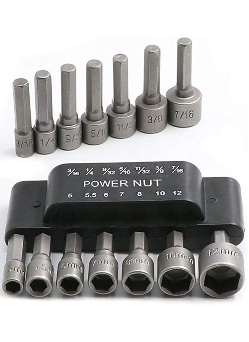 Generic Power Nut Driver Drill Bit Set, 14pcs 1/4” Hex Socket Adapter Bolt Drivers Repairing Tool, Cr-V Steel, For Quicker Change Chuck, Electric Screwdriver, Hand Drill, Pneumatic Drill, Lithium Drill  - Image 1