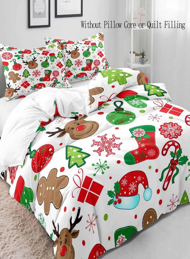LUVIVIHOME طقم غطاء لحاف عيد الميلاد من LUVIVIHOME مكون من 3 قطع، مقاس كوين، غطاء لحاف أبيض، طقم سرير للأولاد والبنات والأطفال، مزين برسومات لطيفة لغزال الرنة، وندفة الثلج، وخبز الزنجبيل، وعصا الحلوى، بالإضافة إلى غطاء لحاف وغطاءين للوسائد. - Image 3