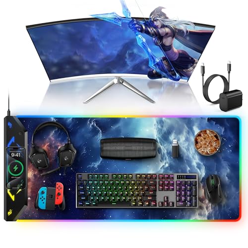 TopMade Wireless Charging Mouse Pad, RGB Gaming Mousepad, 35.4" x 15.8" Extra Large Waterproof Keyboard Desk Pad, Computer Desk Mat, Blue Nebula (Includes 20W PD Power Adapter & 6.56ft Woven Cable) - Image 1