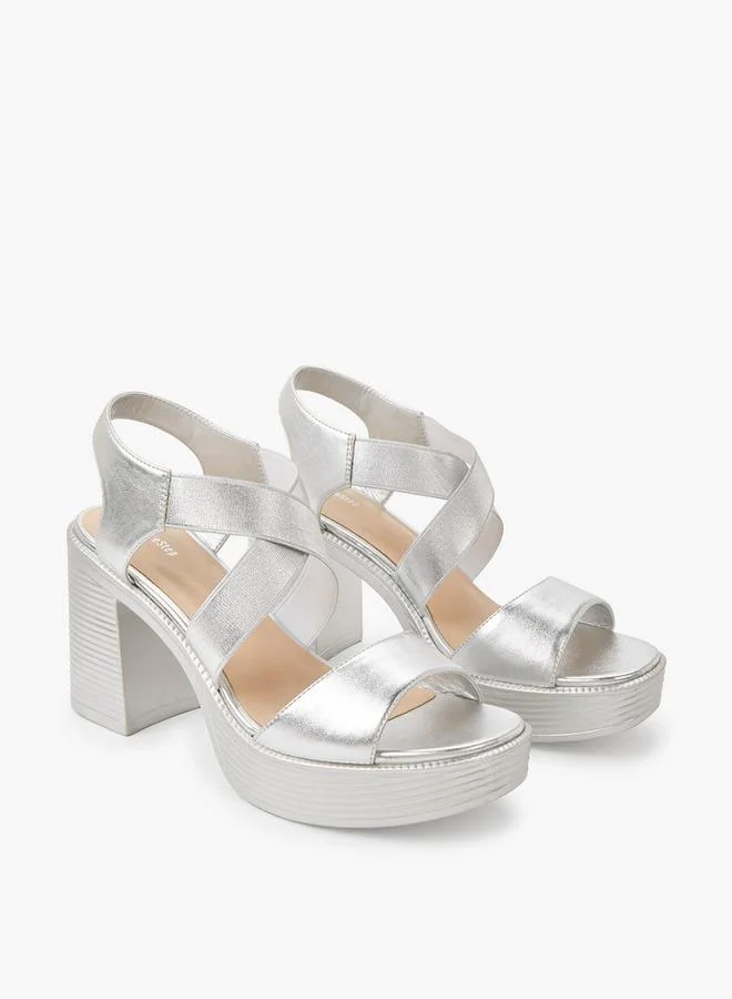 شور ستيب Women Lightweight Metallic Block Heel Sandals With Elastic Cross Straps
