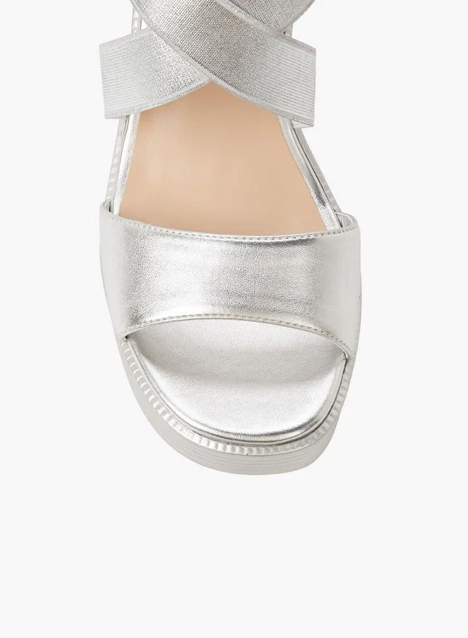 Surestep SILVER Women Lightweight Metallic Block Heel Sandals With Elastic Cross Straps for Women | Best Price UAE