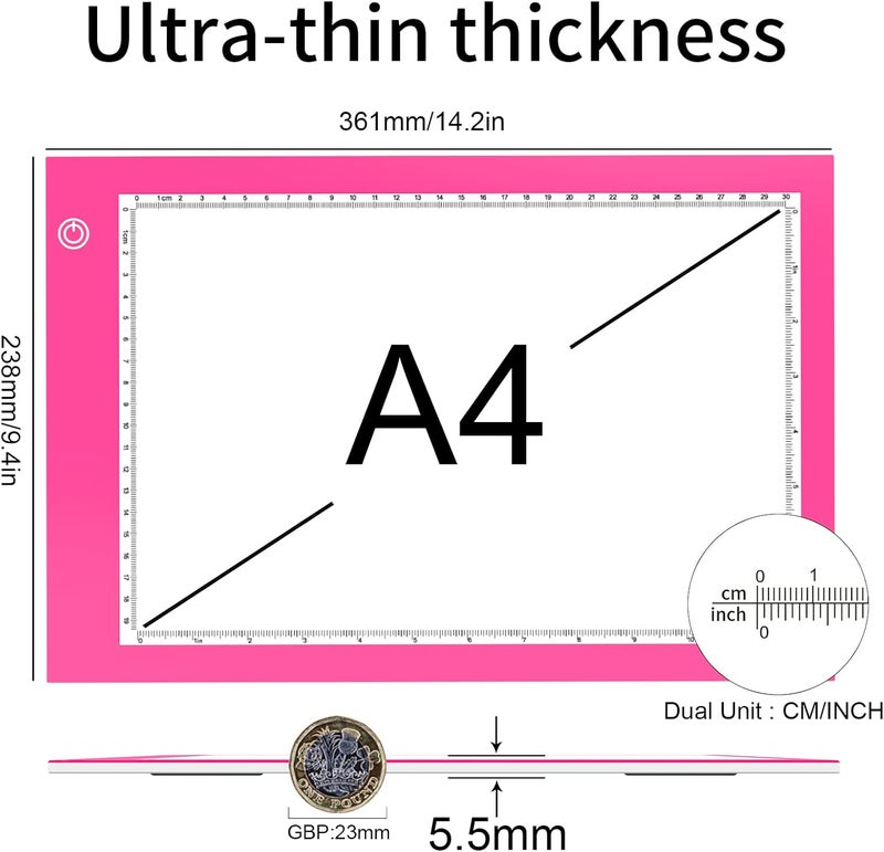 XIAOSTAR Light Box Drawing Pad, Tracing Board with Type-C Charge Cable and Brightness Adjustable for Artists, AnimationDrawing, Sketching, Animation, X-ray Viewing (A4-P-Pink-New) - Image 2