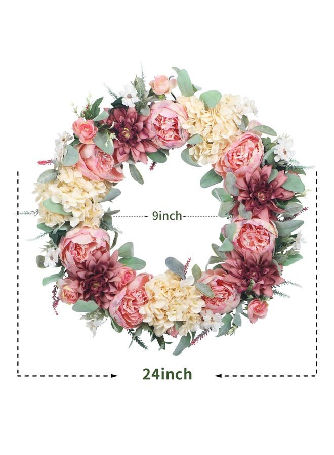 lokeisna 24" Front Door Wreath, Pink Peony Hydrangea Wreath, Summer Floral Bud Wreath for Indoor Outdoor Homer, Wedding, Mother's Day, Thanksgiving - Image 2