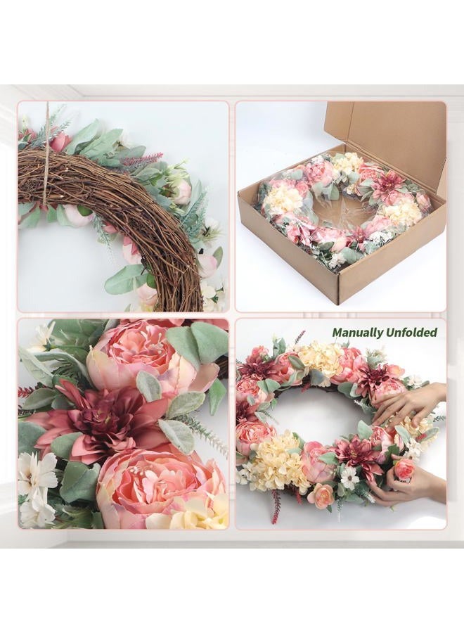 lokeisna 24" Front Door Wreath, Pink Peony Hydrangea Wreath, Summer Floral Bud Wreath for Indoor Outdoor Homer, Wedding, Mother's Day, Thanksgiving - Image 4