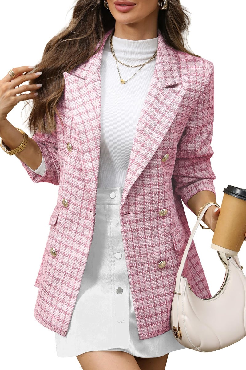 ELLEVEN Tweed Blazers for Women Oversized Plaid Double Breasted BottonsBlazer Dress for Women Boyfriend Business Casual Outfits Spring Work Suit Jackets Professional Clothes Pink Large - Image 1