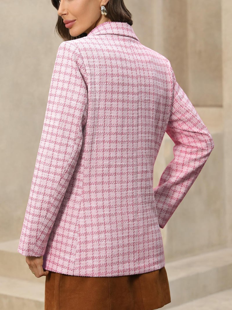 ELLEVEN Tweed Blazers for Women Oversized Plaid Double Breasted BottonsBlazer Dress for Women Boyfriend Business Casual Outfits Spring Work Suit Jackets Professional Clothes Pink Large - Image 2